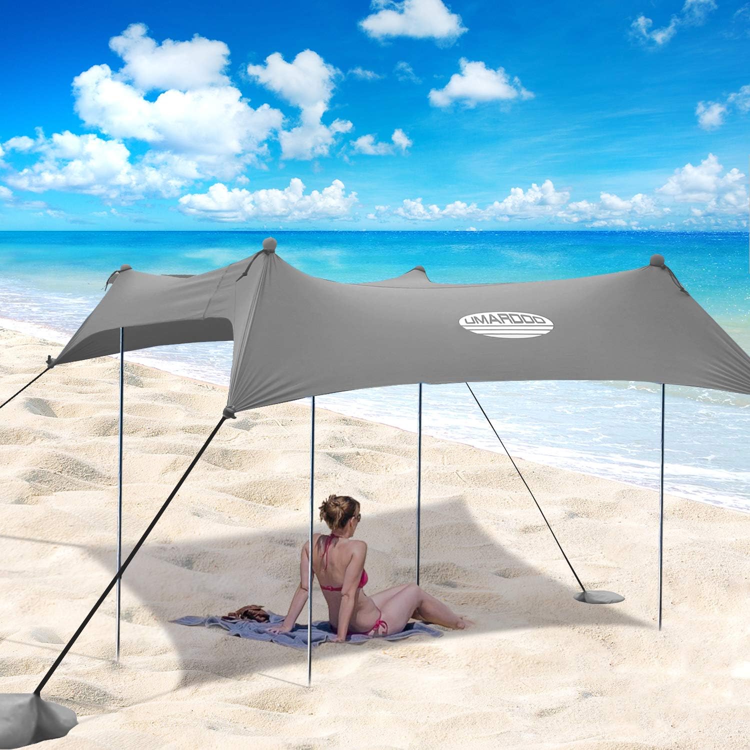 UMARDOO Family Beach Tent with 4 Aluminum Poles, Pop Up Beach Sunshade with Carrying Bag (Blue, 7X7 FT)