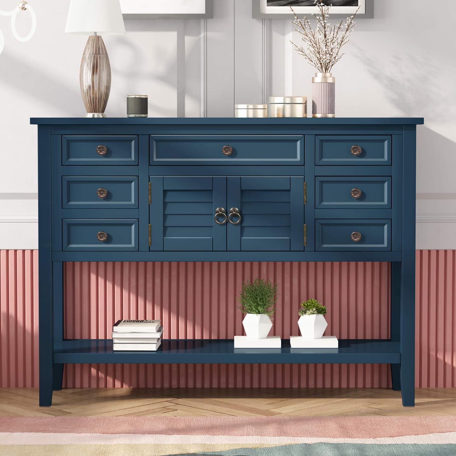 Actual Solid Wood Console Table Sofa Table, Modern Entryway Hall W/with 7 Drawers, 1 Cabinet and Shelf, Side for Living Room, Bedrooms Hallway, Easy to Assemble (Blue), 45.3x15x33.7 in