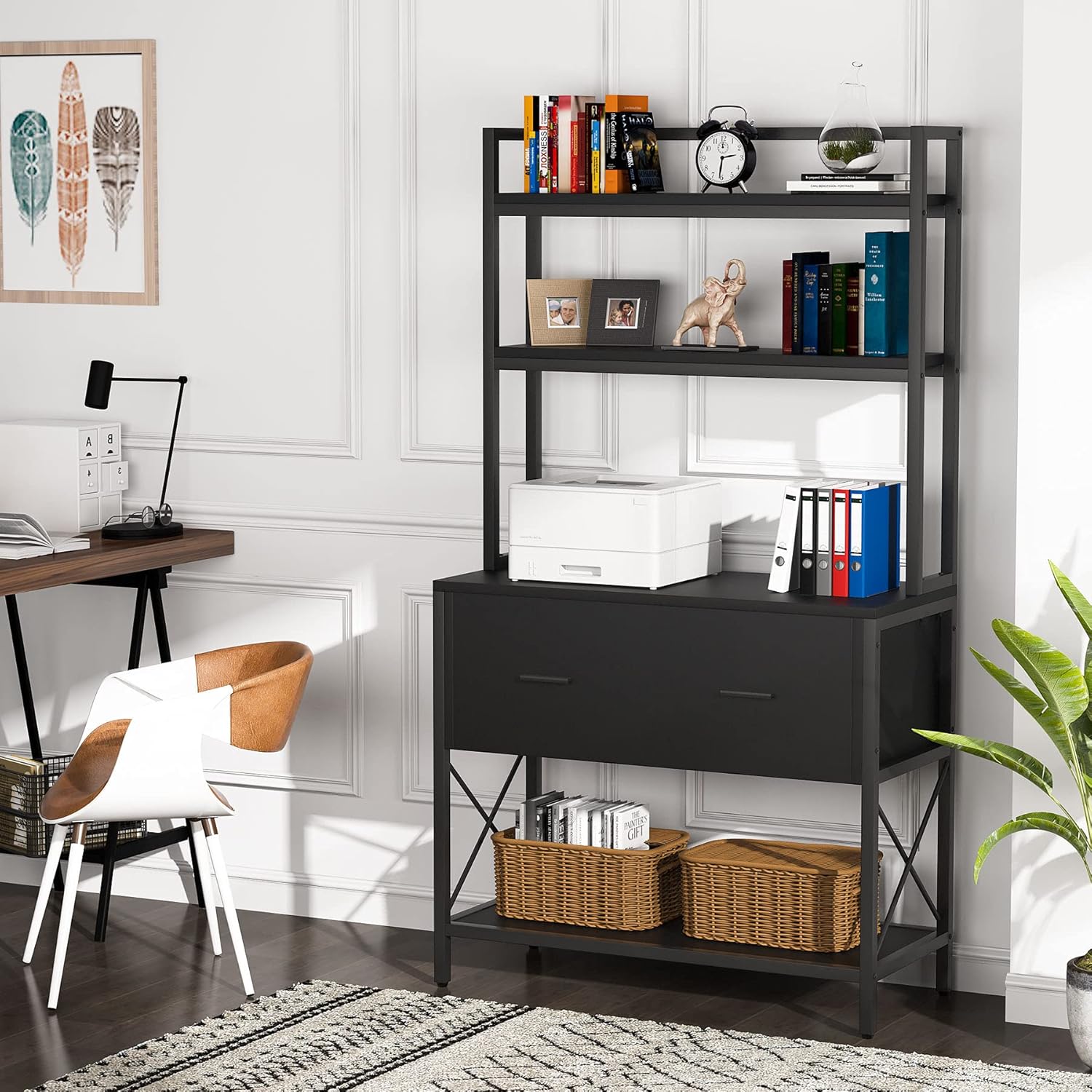 Tribesigns Tall Bookcase with File Cabinet, Big Bookshelf, Lateral Filing Cabinet with 3 Tiers Shelves, Large Free Standing Open Shelf Display Shelves Racks, Black Book Shelf for Bedroom Living Room