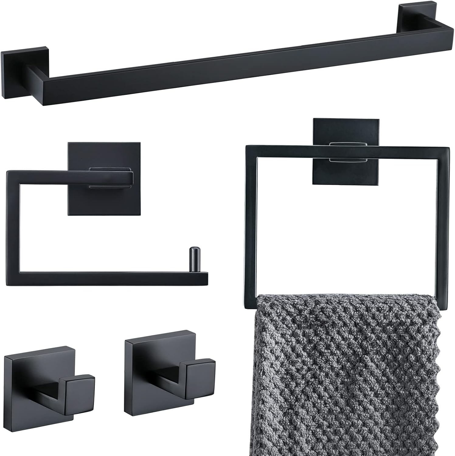 YACVCL 5-Piece Bathroom Hardware Accessories Set 23.6 inch Towel Bar Towel Rack Sets Modern Towel Ring Kit Stainless Steel Wall Mounted (Matte Black)