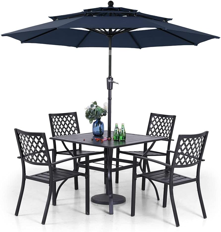 PHI VILLA Patio Dining Set 6 Piece with 4 Metal Outdoor Stackable Chairs, 1 Square Metal Table and 10ft 3 Tier Umbrella(Navy Blue), Outdoor Table Furniture Set for Patio, Deck, Poolside