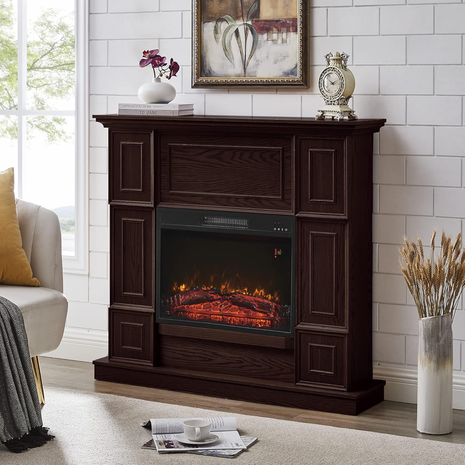 GOOD & GRACIOUS Electric Fireplace with Mantel Wooden Surround Indoor Freestanding Entertainment Center with Electric Heater Insert Adjustable Flame and Remote Control for Living Room Bedroom, Walnut