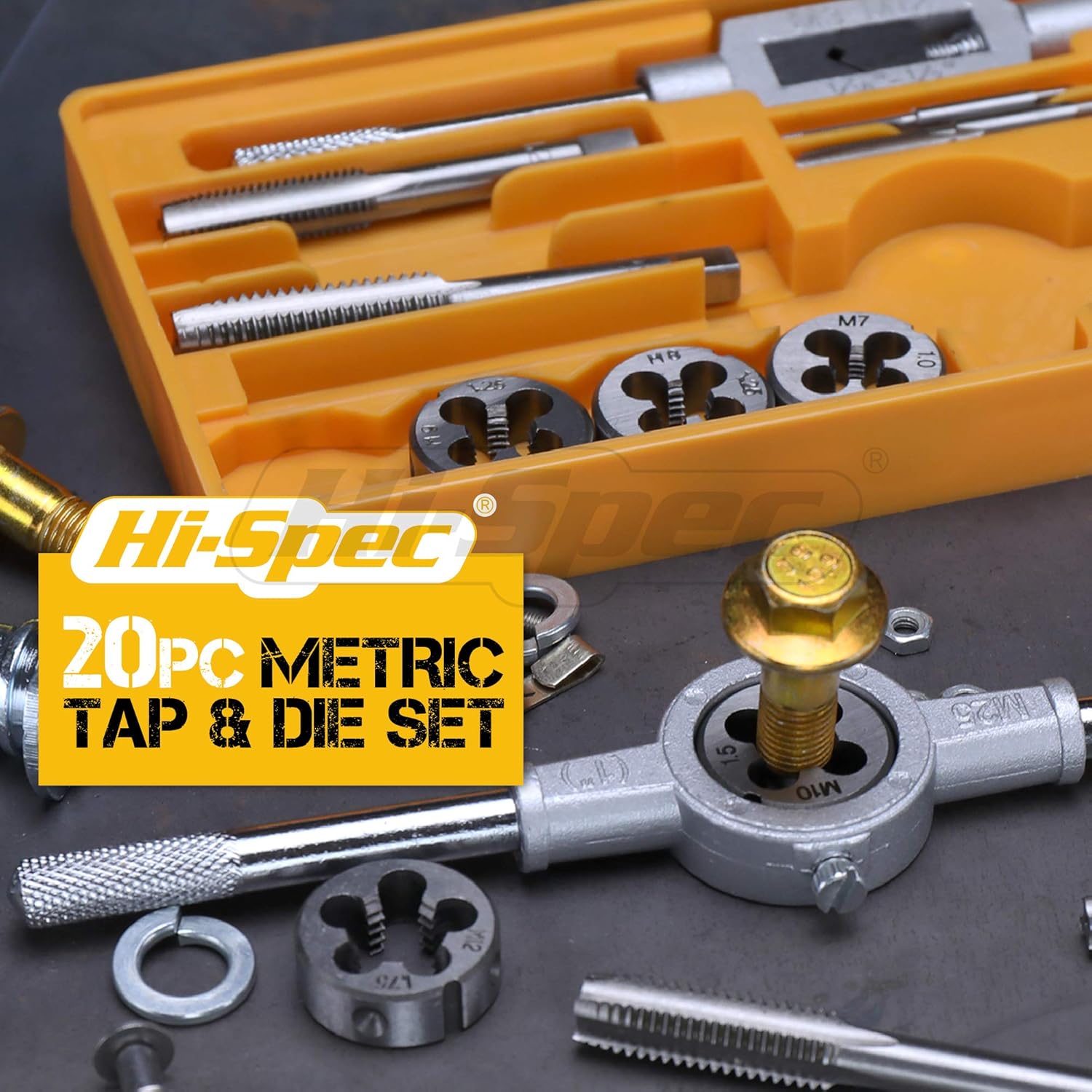Hi-Spec 20 Piece Metric Tap & Die Set. Complete M3 to M12 Fine & Coarse Tools to Cut, Chase and Thread with Wrench Accessories in a Tray Case