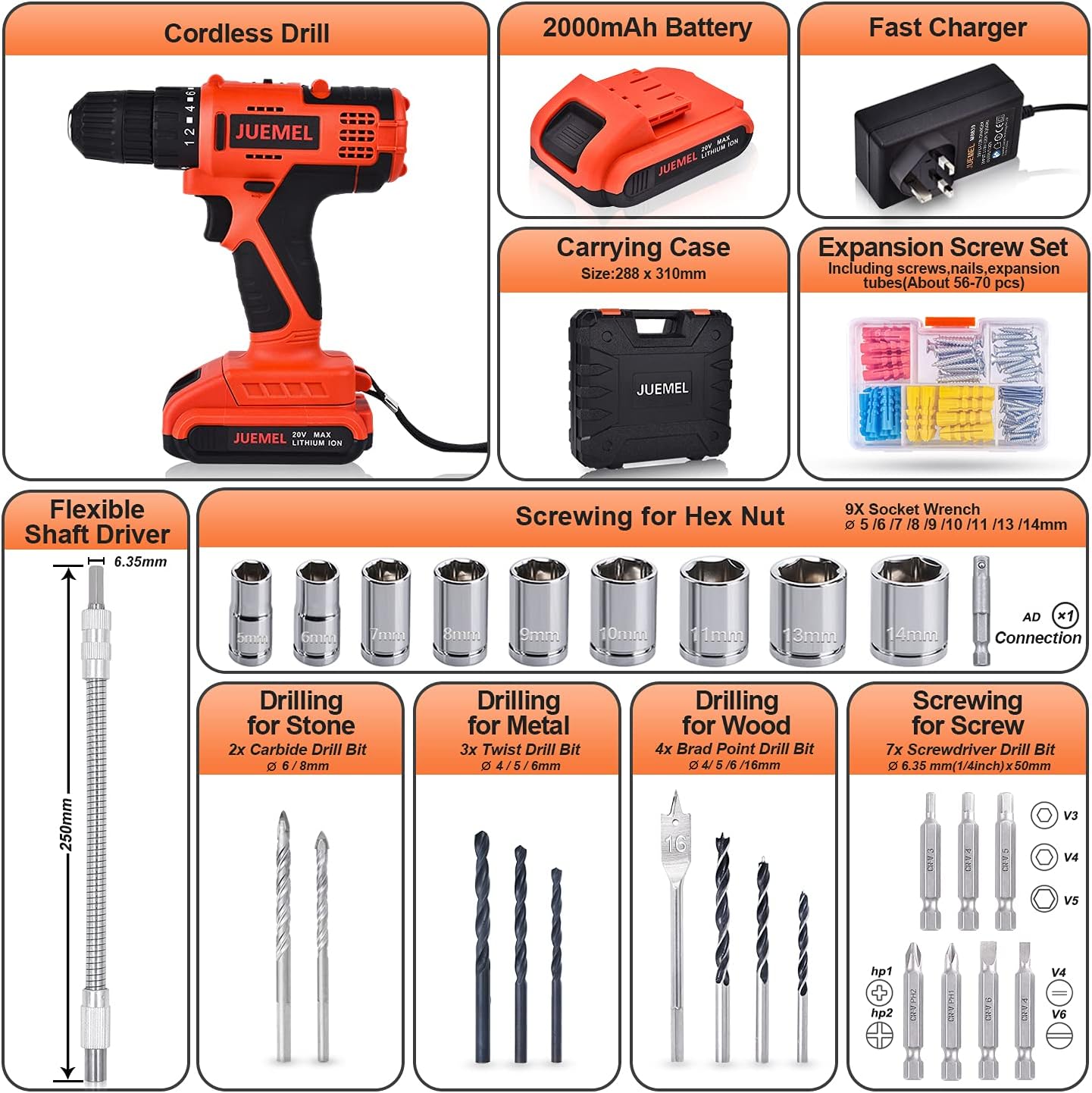 20V Cordless Drill Driver with 100Pcs Accessories Portable Electric Power Drill Set, 2-Speed Variable Trigger, 3/8'' Keyless Chuck, 18+1 Clutch and 2Ah Lithium-Ion Battery