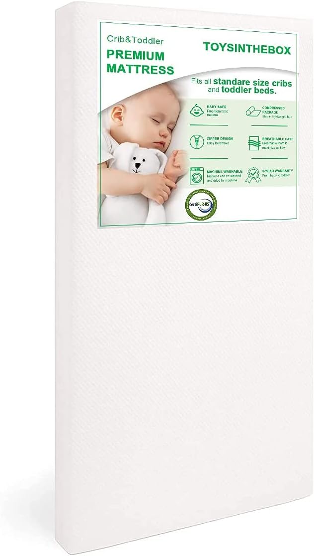 TOYSINTHEBOX Baby Crib Mattress Toddler Bed, Washable, Pressure Relieving, CertiPUR-US Certified Firm Foam Mattress with Breathable Cover, 52x28x4 inches … Pack of 2