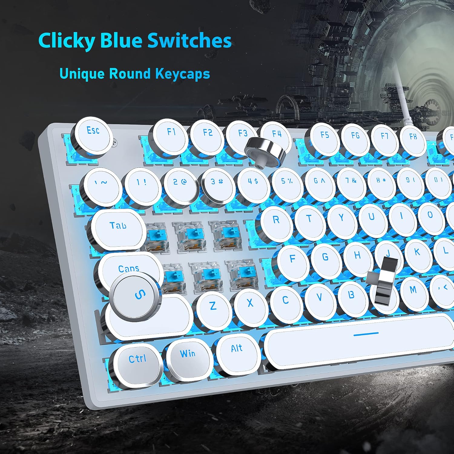 Typewriter Style Mechanical Gaming Keyboard, White Retro Punk Gaming Keyboard with Blue Backlit, 104 Keys Blue Switch Wired Cute Keyboard, Round Keycaps for Windows/Mac/PC