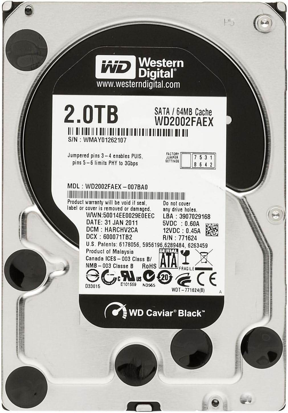 Western Digital Caviar Black 2 TB SATA III 7200 RPM 64 MB Cache Bulk/OEM Internal Desktop Hard Drive - WD2002FAEX