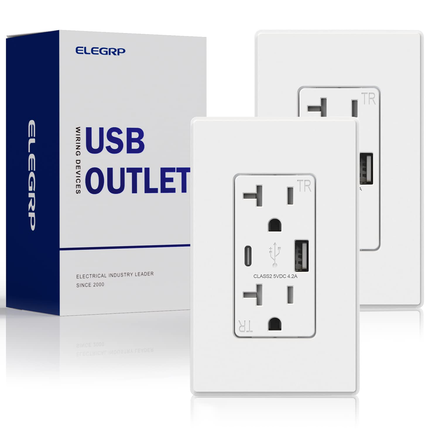 ELEGRP USB Charger Wall Outlet, Type A & Type C 4.2 Amp USB Ports with Smart Chip, 20 Amp Duplex Tamper Resistant Receptacle Plug, Wall Plate Included, UL Listed (6 Pack, Matte White)