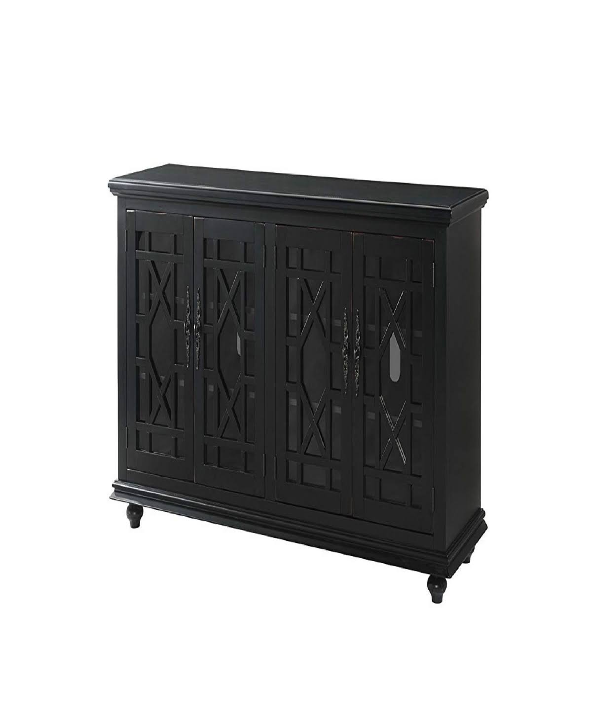 Benzara Wooden TV Stand with Trellis Detailed Doors Antiqued Black