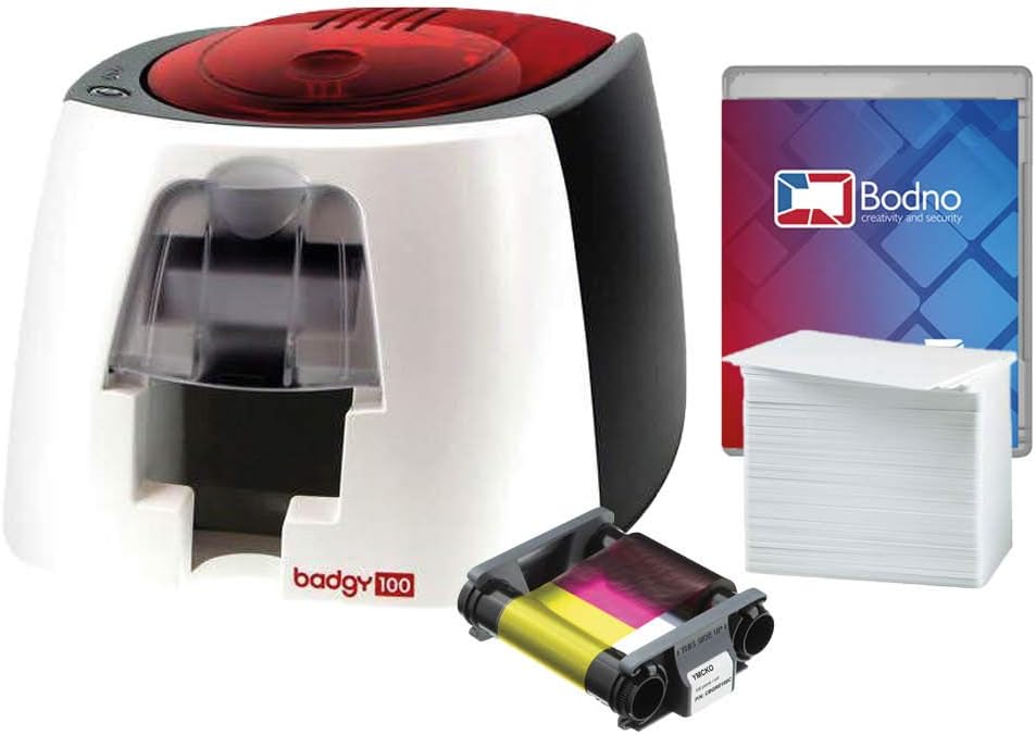 Badgy100 ID Card Printer with Complete Supplies Package with Bodno ID Software - Bronze Edition