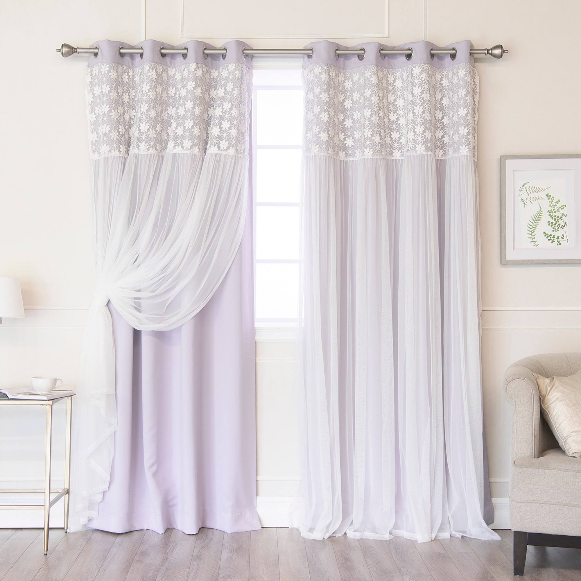 Aurora Home Floral Lace Overlay Thermal Blackout Grommet Panel Pair - Lilac - 96x22L