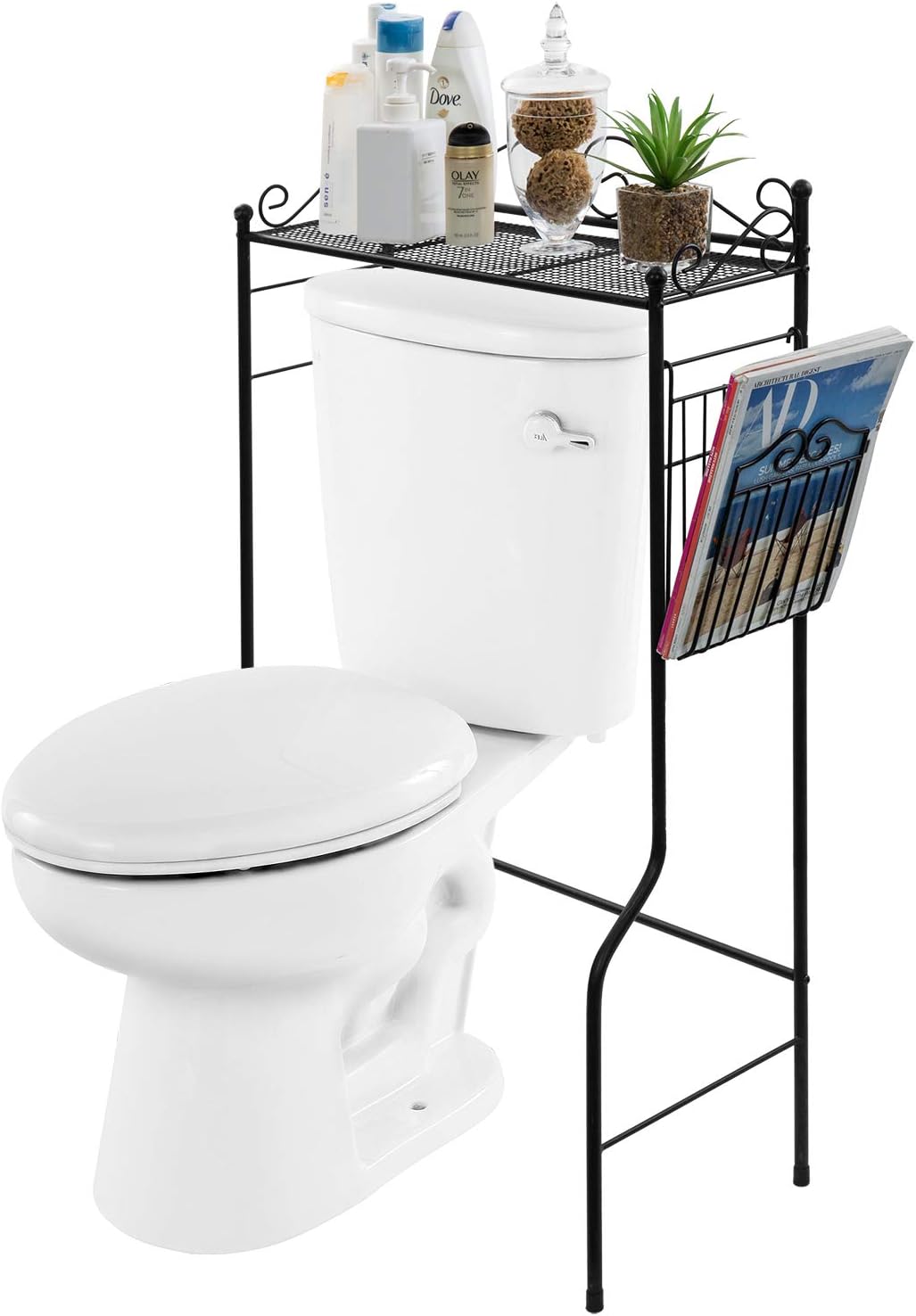 MyGift Space Saver Design Metal Storage Organizer Rack/Freestanding Bathroom Shelf w/Magazine Basket, White Pack of 2