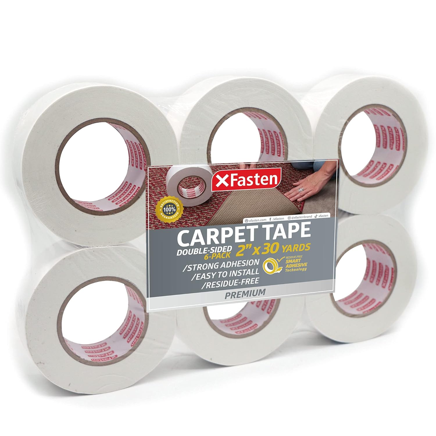 XFasten Double Sided Carpet Tape Bulk for Area Rugs Over Carpets, 2 Inches x 30 Yards (6-Pack) Residue-Free and Surface-Safe | Indoor and Outdoor Rug Tape for Area Rugs on Carpet, Wood Floor Laminate