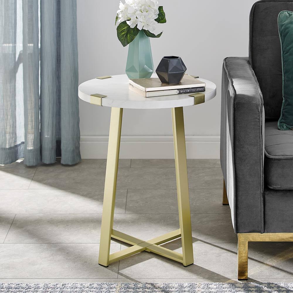Walker Edison Furniture Company 18 in. Faux Marble Gold Urban Industrial Wood and Metal Wrap Round Accent Side Table, White Faux