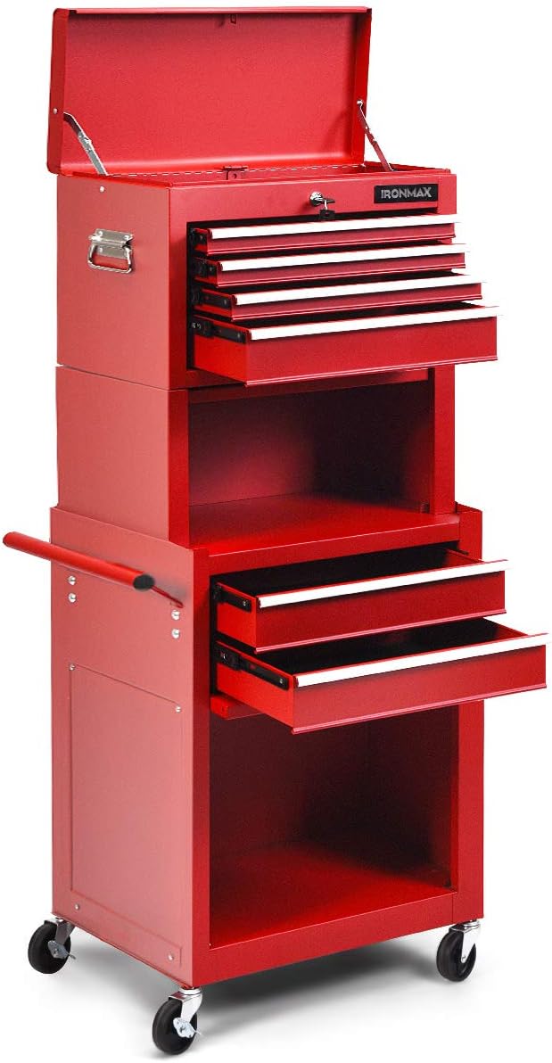 Goplus 6-Drawer Rolling Tool Chest w/Riser, 3 in 1 Rolling Tool Box w/Keyed Locking System, Detachable Top Box, Side Handle, Toolbox Organizer for Workshop Garage