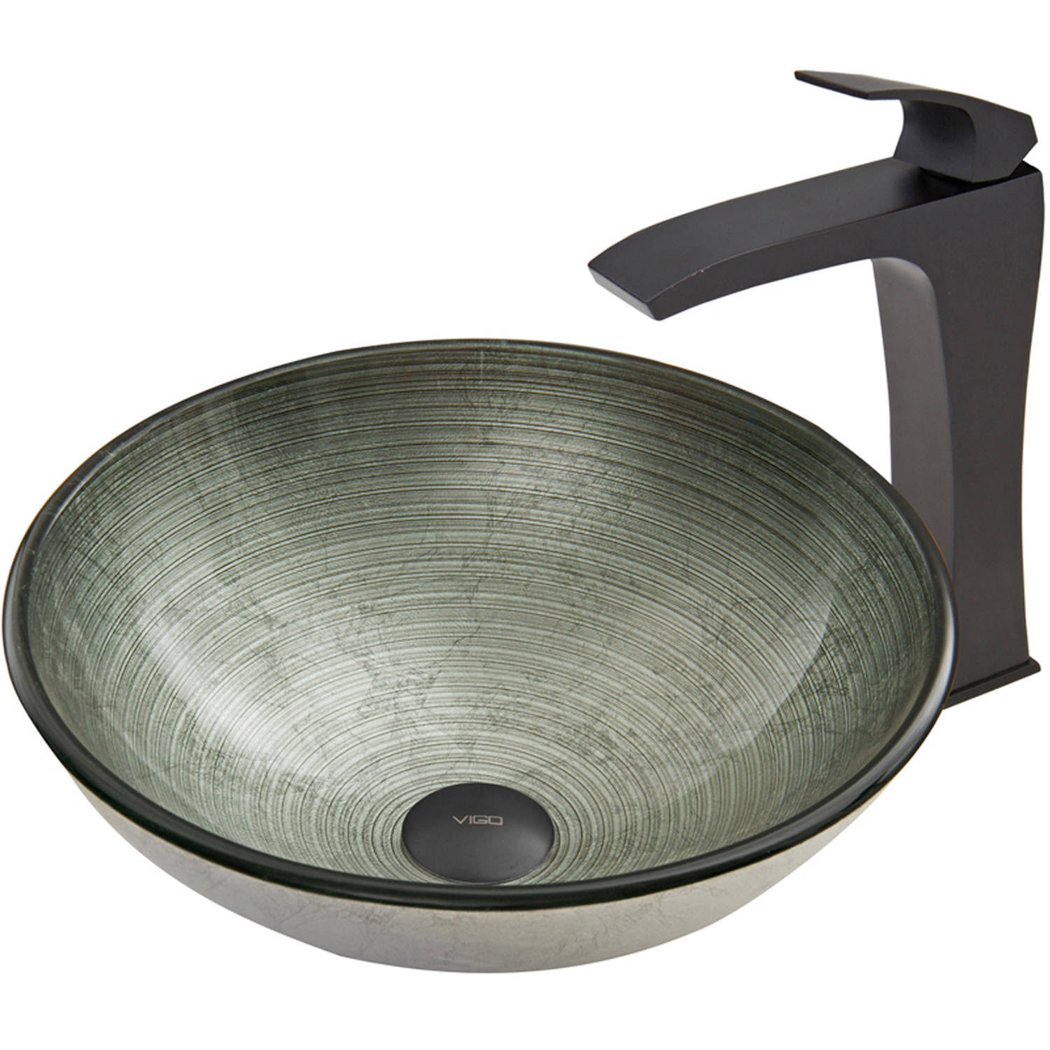 Vigo VGT609 Simply Silver Glass Vessel Sink and Blackstonian Faucet Set in Matte Black