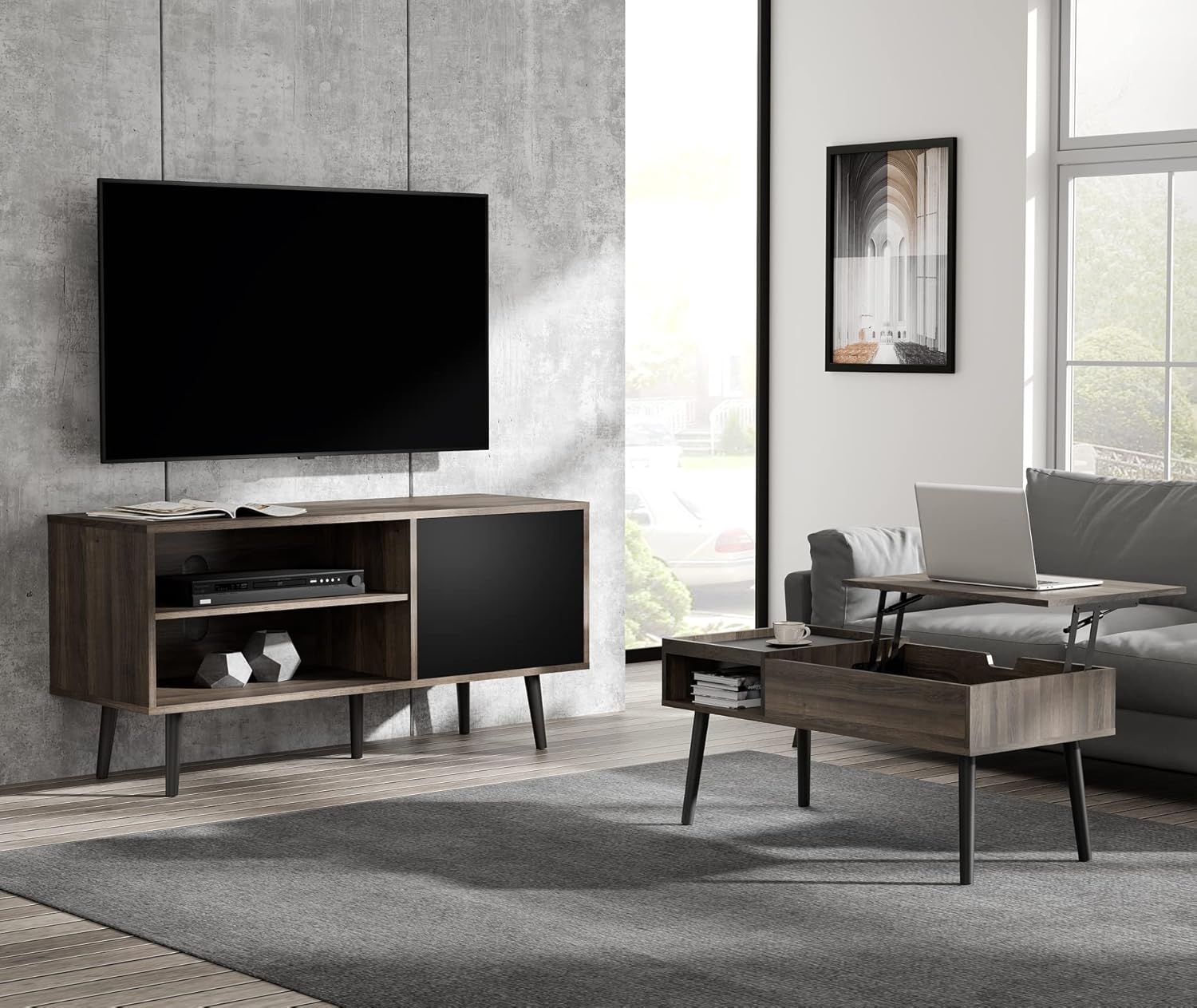 WAMPAT Modern 3 Piece Table Set for Living Room, 1 Mid-Century TV Stand for TVs up to 65 inch with Storage Cabinet, 2 Nightstand Side Table with Open Storage, Espresso & Black