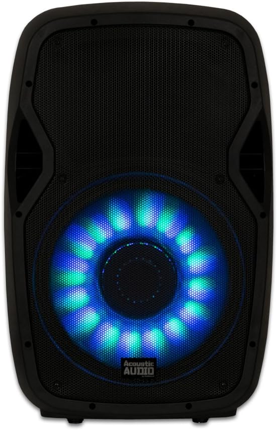 Acoustic Audio by Goldwood Bluetooth LED Light Display Speaker Set - Includes Microphone, Remote Control, and Stand - 15 Inch Portable Sound System, 1000W - AA15LBS, Black, 16 x 14 x 27 Inches