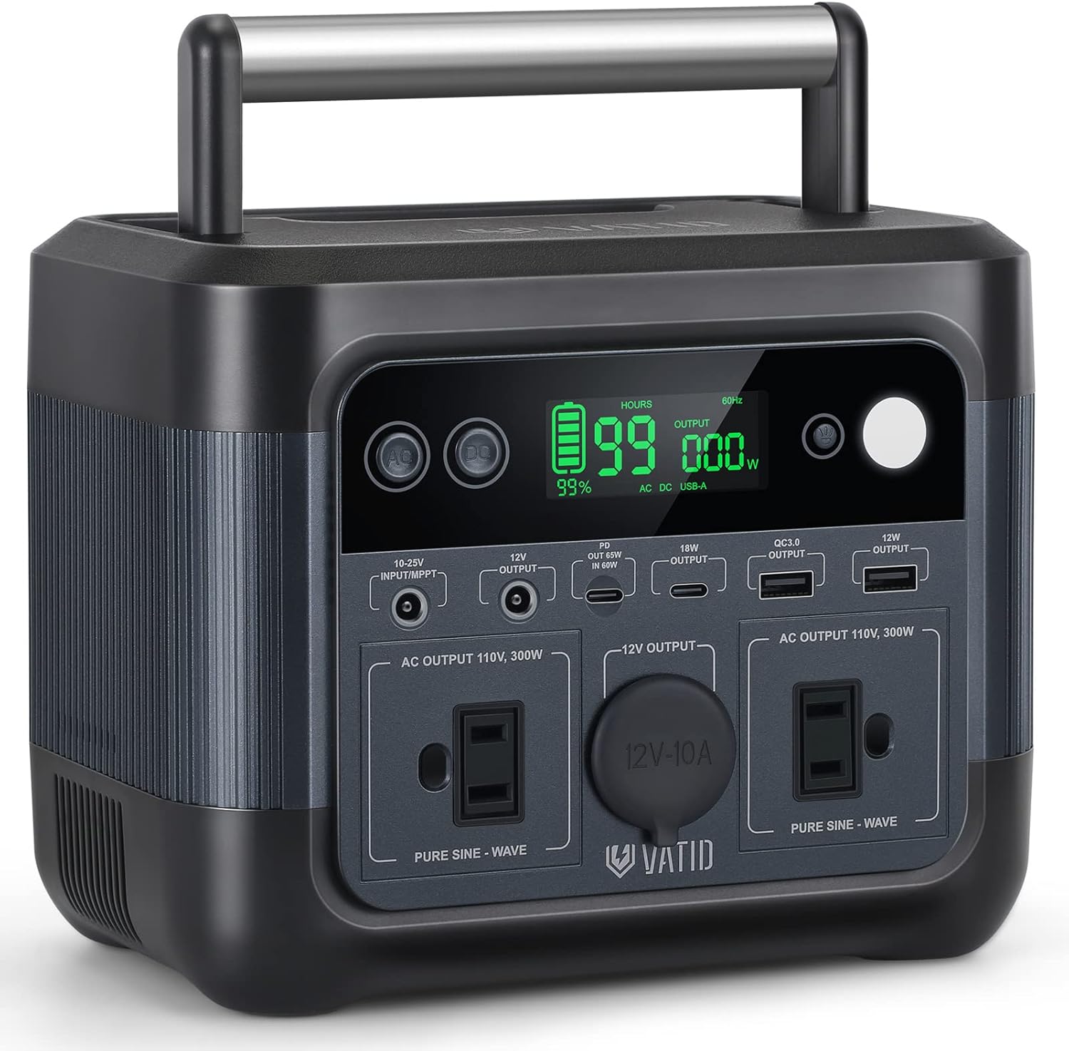 VATID Portable Power Station,500W Peak(Rated 300W),2.8hrs 100% Recharge, 110V AC Pure Sine Wave,12V 10A Regulated DC, 296Wh Solar Generator, 65W USB PD, Ultra-light Battery Power Station (Black)