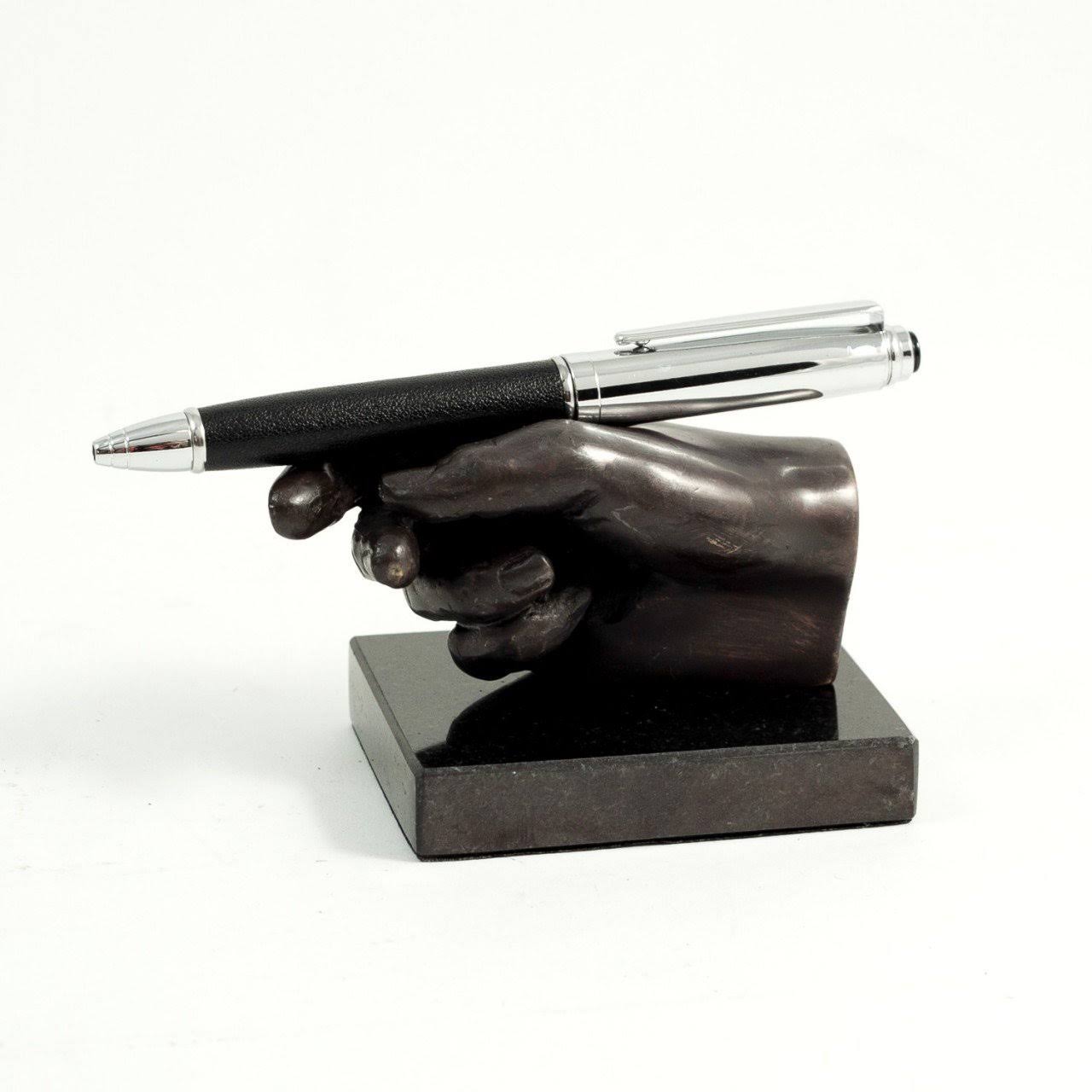Bronzed Finished Hand Pen Holder on Black Marble Base