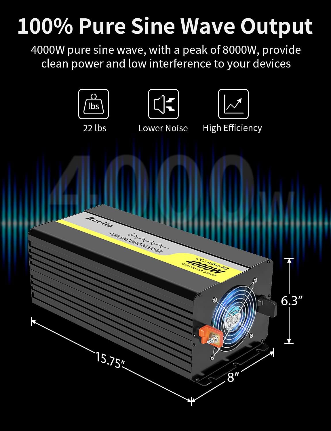 4000W Pure Sine Wave Power Inverter 12V DC to 120V AC Peak Surge 8000W with 4 AC Outlets LCD Display Remote Control USB Port for Home RV Truck Solar System