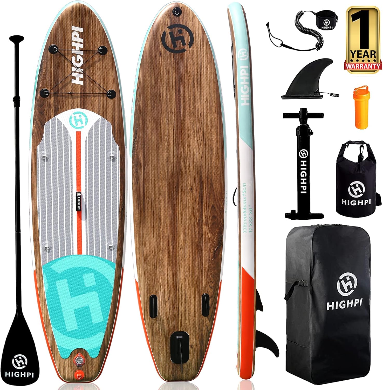 Highpi Inflatable Stand Up Paddle Board 11'x33''x6''W Premium SUP Accessories, Backpack, Wide Stance, Surf Control, Non-Slip Deck, Leash, Paddle and Pump,