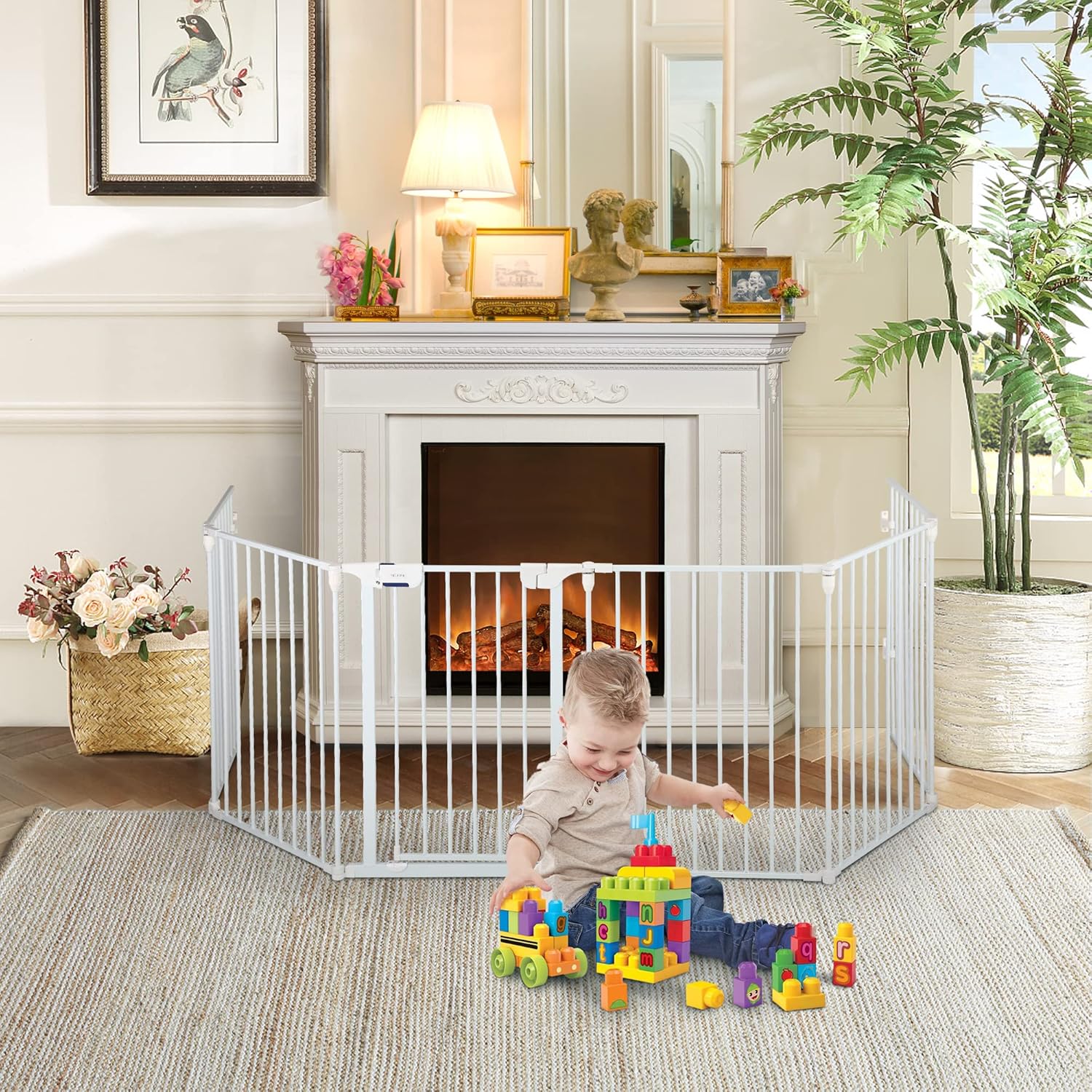 Baby Safety Gate,137-Inch Extra Wide Fireplace Fence, Foldable Pet Gates with Add/Decrease Panels Directly Adjust Panels Freely Fireplace Safety Metal Fence Playpen for Pet & Child Panel,White
