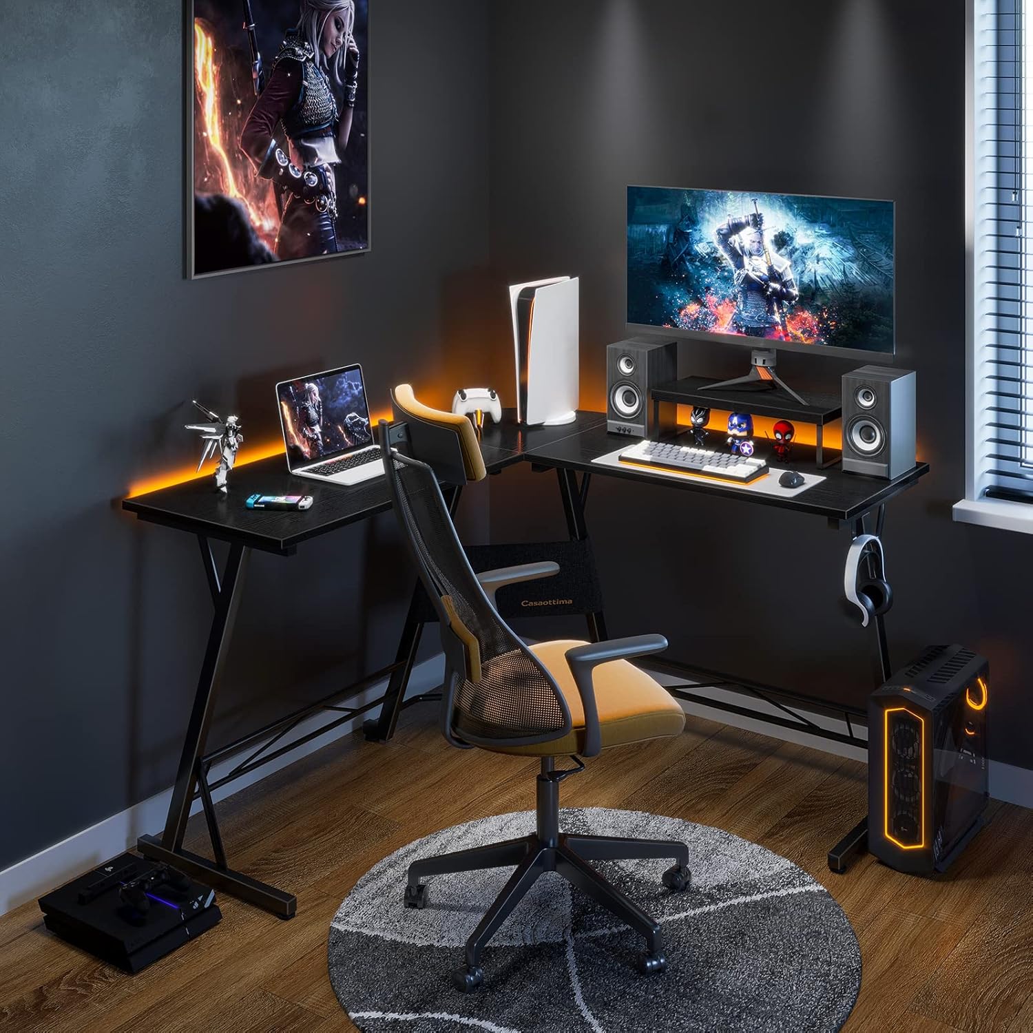 Gaming Desk L Shaped Computer Desk, Corner Desk for Home Office with Monitor Stand 51