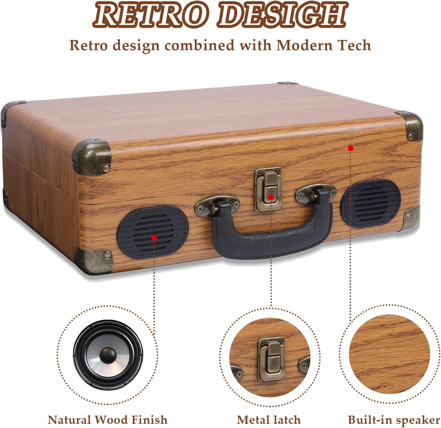 Record Player, Kakobor Vintage Turntable 3-Speed Bluetooth Record Player with Speaker, Portable LP Vinyl Player, RCA Jack, Natural Wood Pack of 2