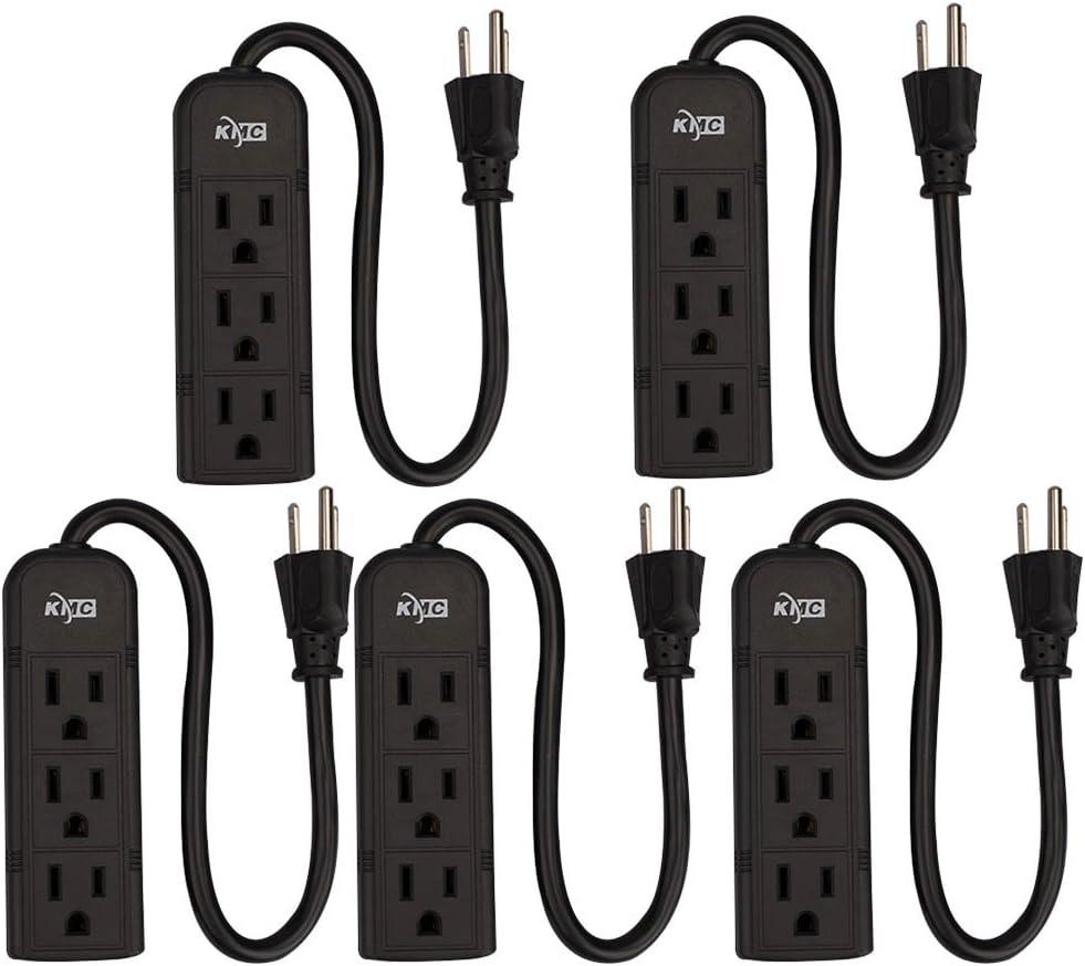 KMC 3-Outlet Power Strip Power Extension Cord 5-Pack,Outlet Saver,1-Foot Cord, ETL Listed