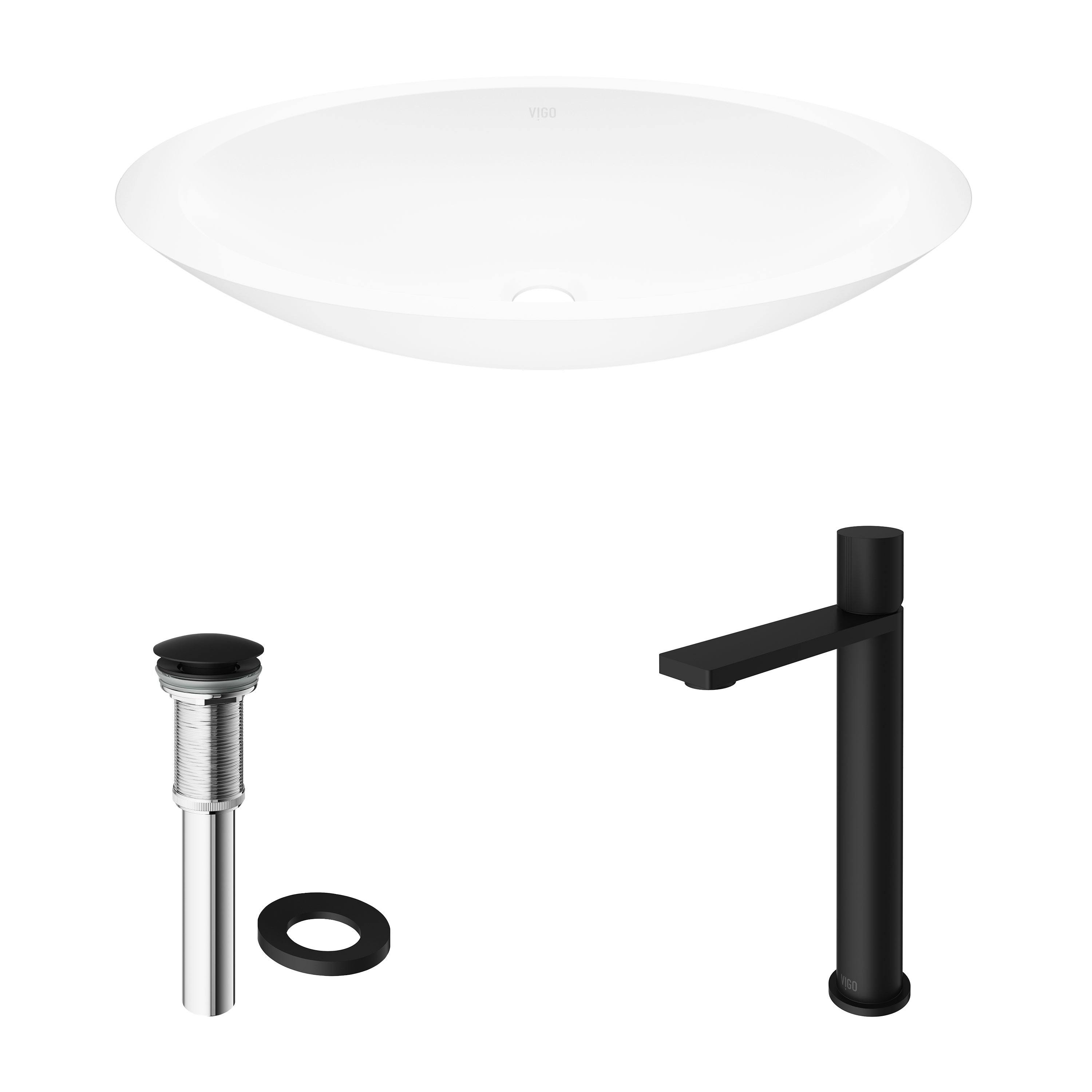 Vigo Wisteria Matte Stone Vessel Bathroom Sink and Gotham Faucet in Matte Black (Matte White) VGT2011