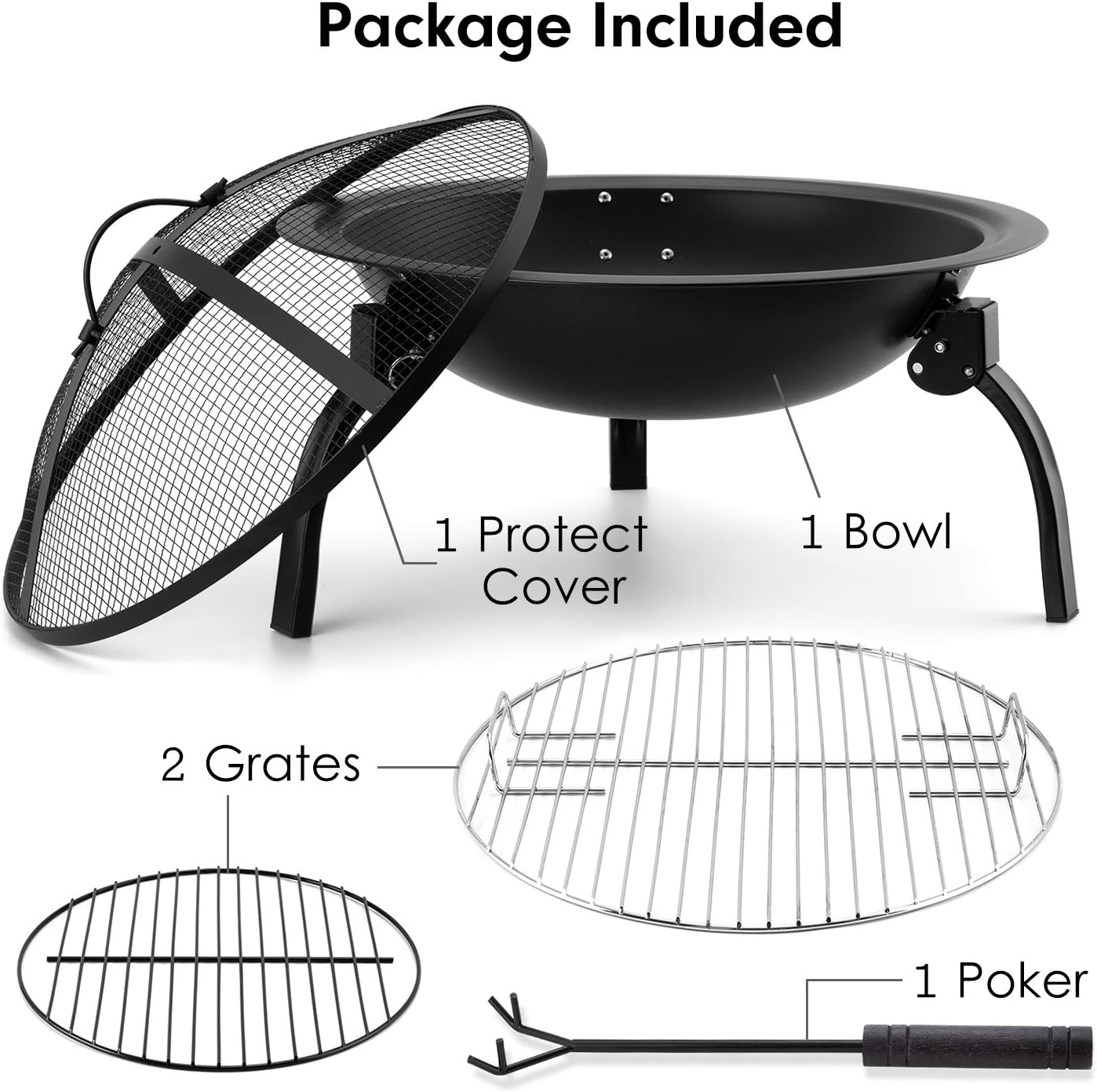 AMAGABELI GARDEN & HOME Fire Pit Outdoor Cast Iron Wood Burning Fire Bowl 28in with A Drain Hole Fireplace Extra Deep Large Round Outside Backyard Deck Camping Heavy Duty Metal Grate Rustproof BG368