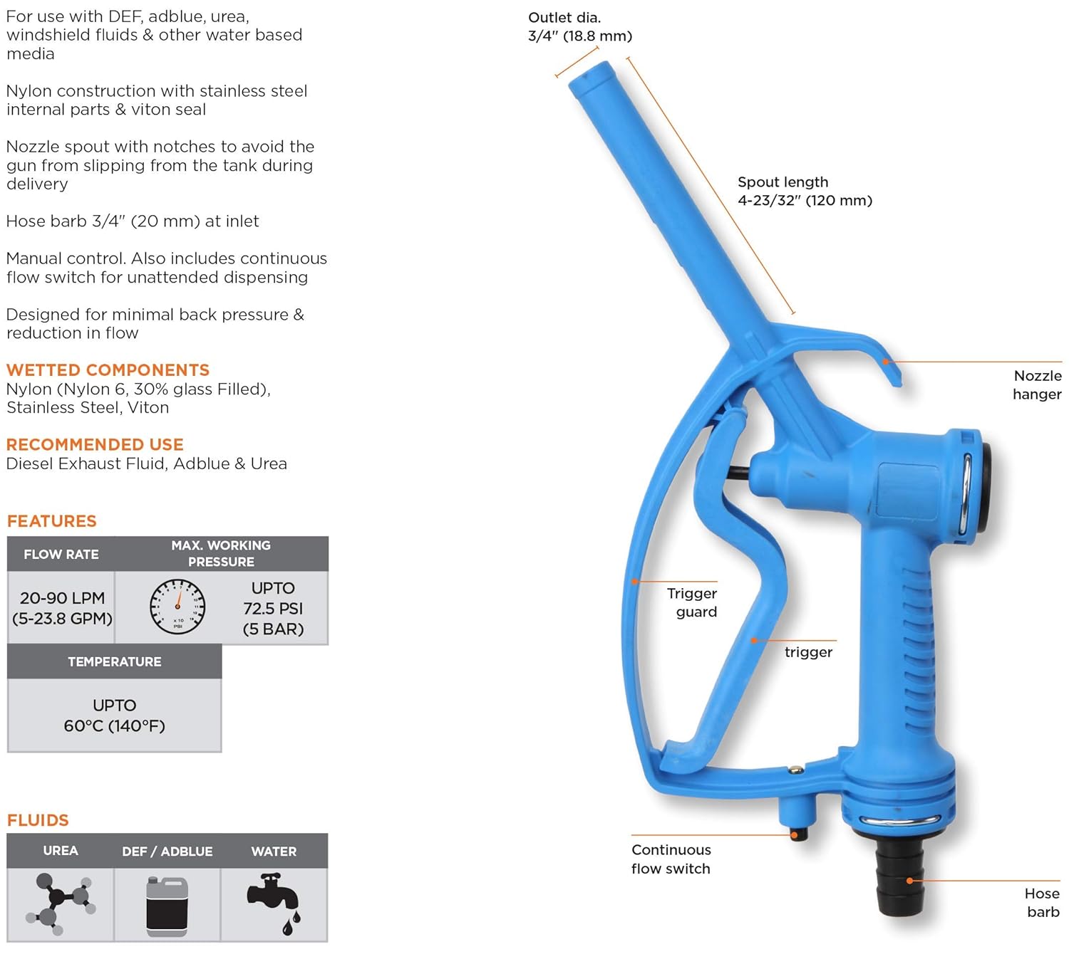 Groz 3/4-inch NPT Manual DEF/AdBlue Nozzle with Hose Barb | 24 GPM | Straight Spout | Max Pressure 72.5 PSI | Blue (45589) Pack of 2