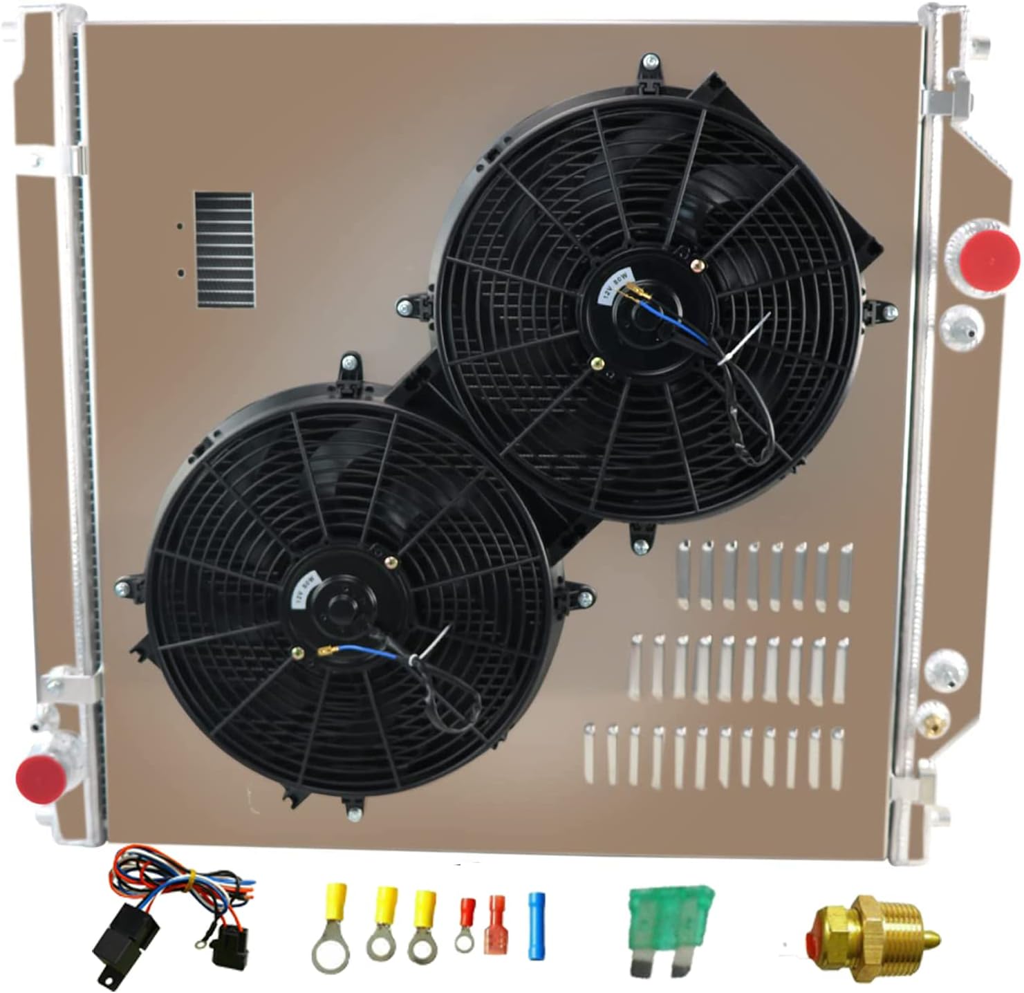 RadRace Aluminum Radiator for 2003 2004 2005 2006 2007 Ford F250 F350 F450 F550 6.0 Powerstroke 03 04 05 06 07 2 Row Core Radiators Shroud Fan Relay Kit