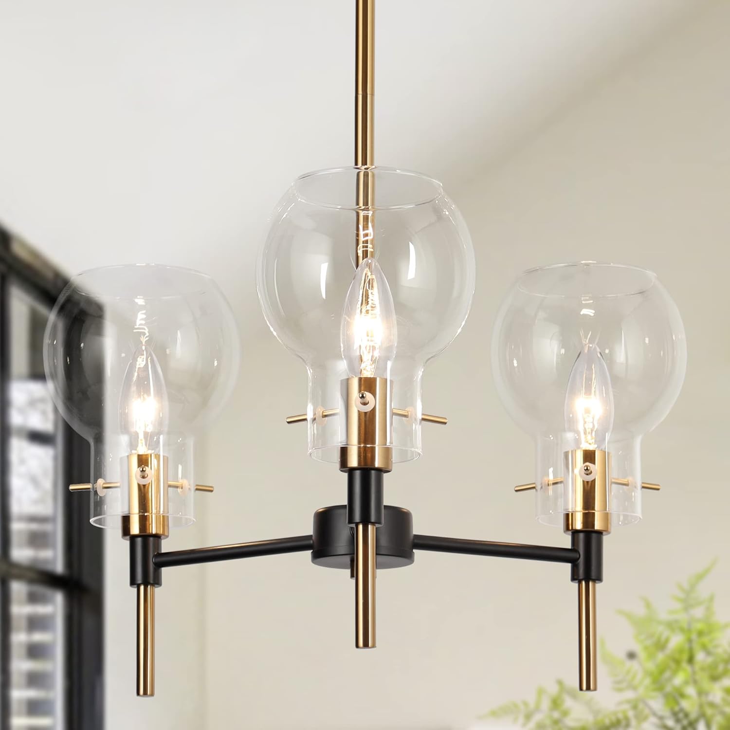 Durent Lighting Black and Gold Pendant Lighting, 3-Light Modern Chandelier Light Fixture with Globe Clear Glass Shade for Kitchen Island, Dining Room, Bedroom, Foyer, Hallway