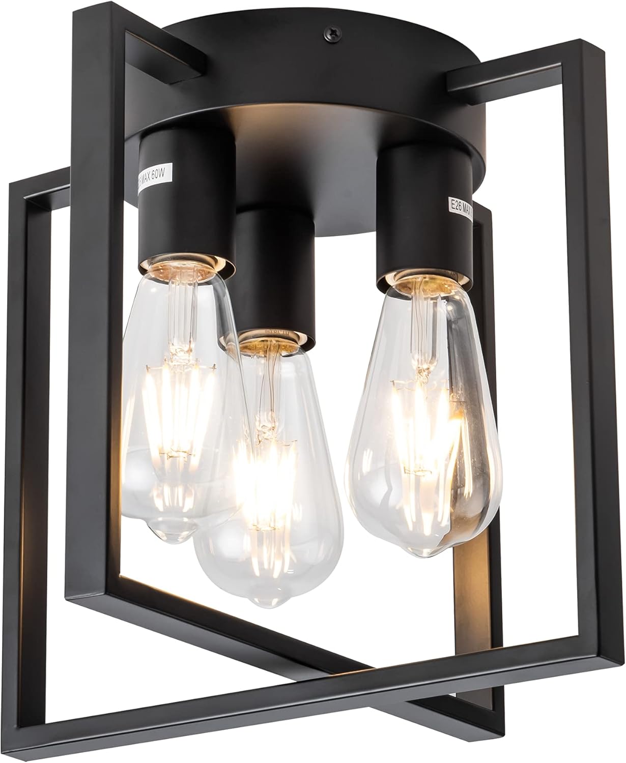 LEIP 3-Light Ceiling Light Fixture, Semi-Flush Mount Light with Contemporary Geometric Metal Cage, Farmhouse Industrial Lighting for Kitchen Living Room Bedroom Hallway Foyer, E26 Black