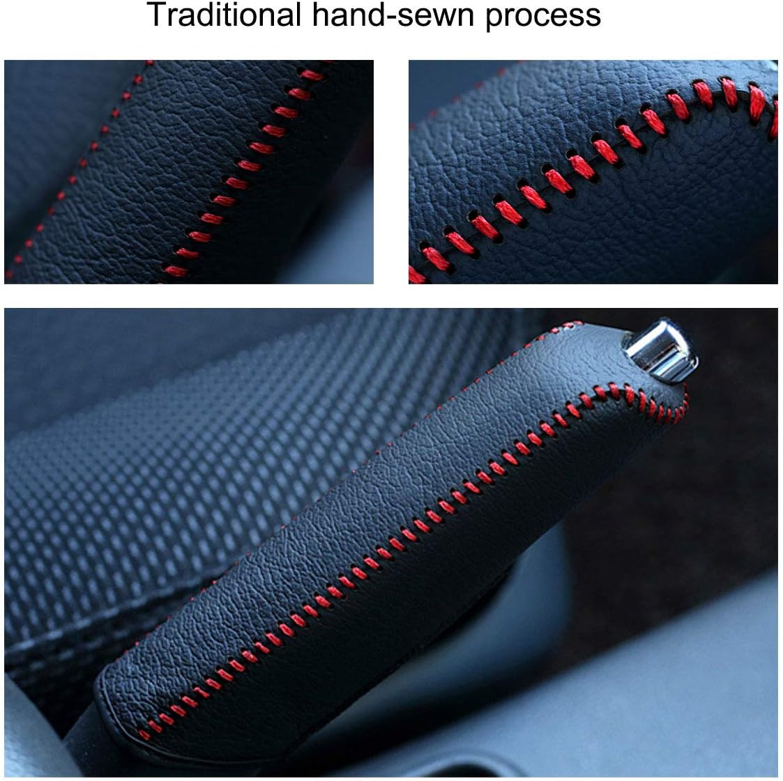 NY Civic Black Car Handbrake Cover Genuine Leather Dedicated Side Brake Protective Cover Lever Protective Cover for 2006 2007 2008 2009 2010 2011 Civic Accessories (Red Stitch)