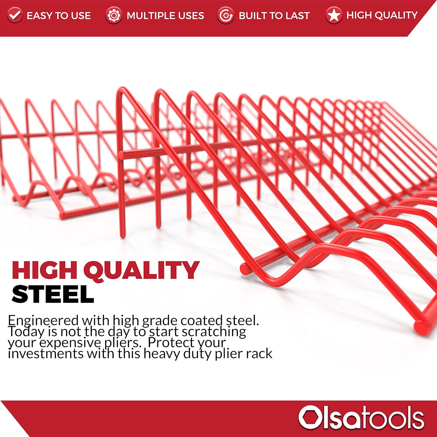 Olsa Tools Plier Organizer Rack Pliers Rack for Tool Box Drawer Storage (Red) | 2pc Plier Holder Holds 32 Pliers | Professional Grade