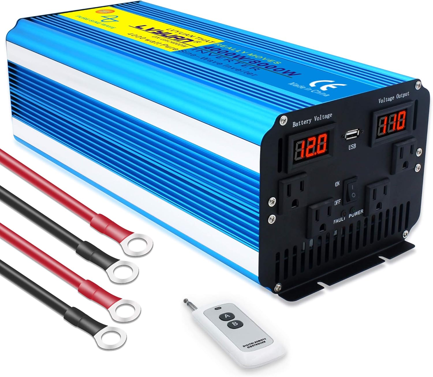 Cantonape Pure Sine Wave Inverter 4000W Power Inverter 12V to 110V DC to AC with LED Display Remote Controller for Truck RV Home Solar System