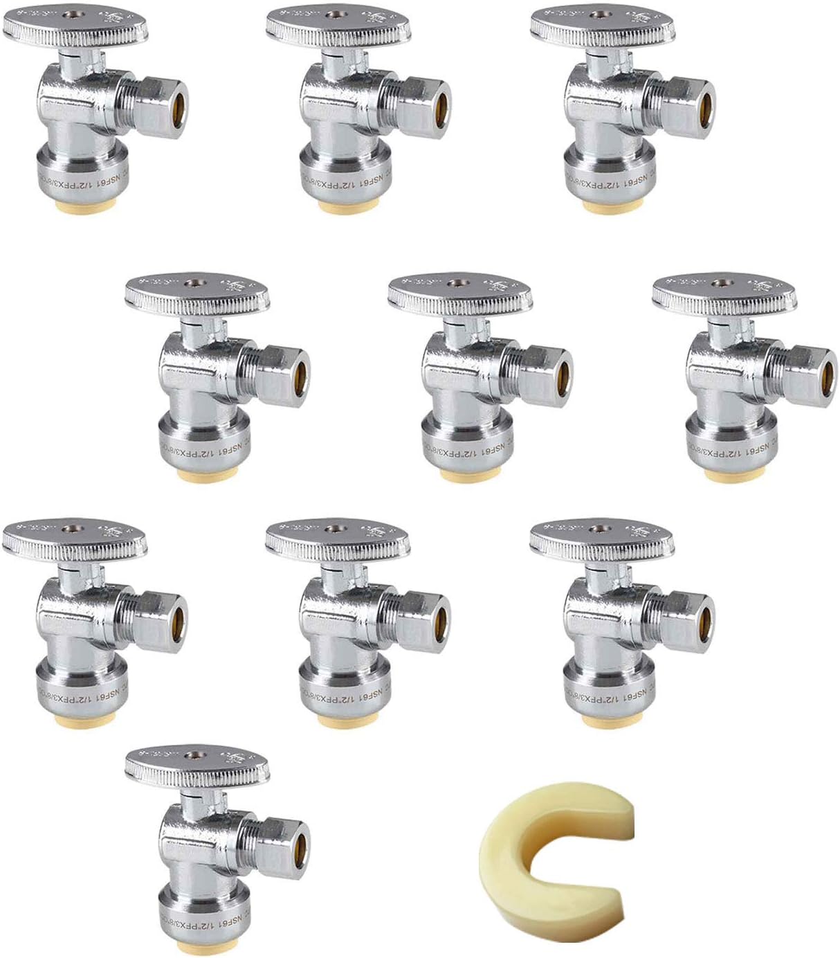 (Pack of 10) EFIELD Push Fit 1/4 Turn Angle Stop Valve Water Shut Off 1/2 Push x 3/8 Inch Compression Chrome with a Disconnect Clip Pack of 2