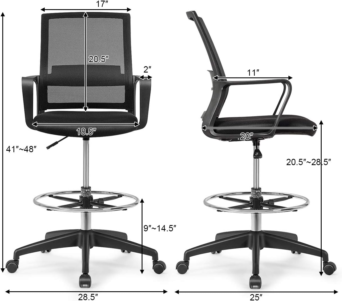 Giantex Mesh Drafting Chair, Tall Office Chair with Adjustable Foot Ring for Standing Desk, Swivel Mid Back Mesh Computer Chair w/Lumbar Support, Adjustable Height, Sturdy Home Office Furniture