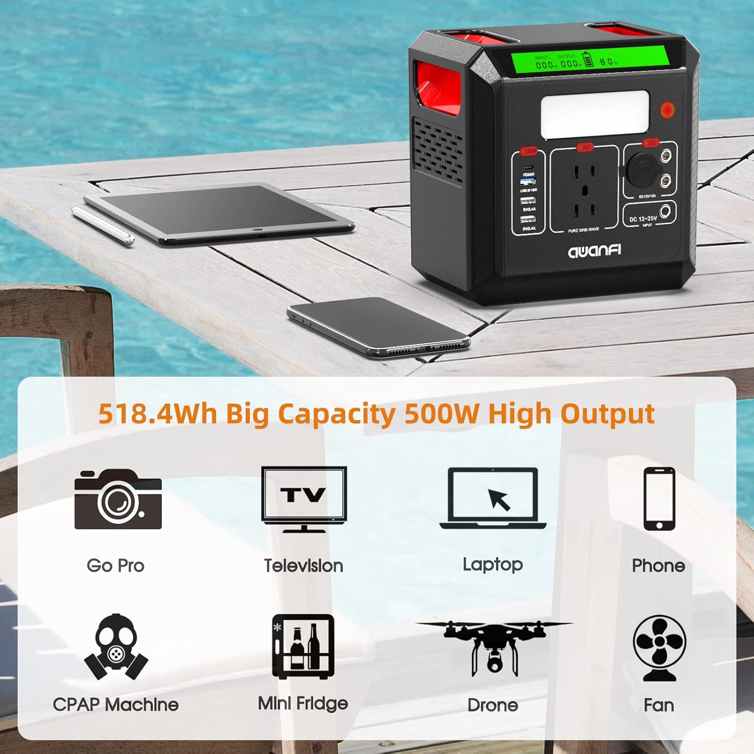 Portable Power Station 500W, AWANFI 518.4Wh Solar Generator with 110V Pure Sine Wave AC Outlets, 12V Regulated DC, USB PD Output, Battery Power Generator for Camping Home Blackout RV, Ship from TX