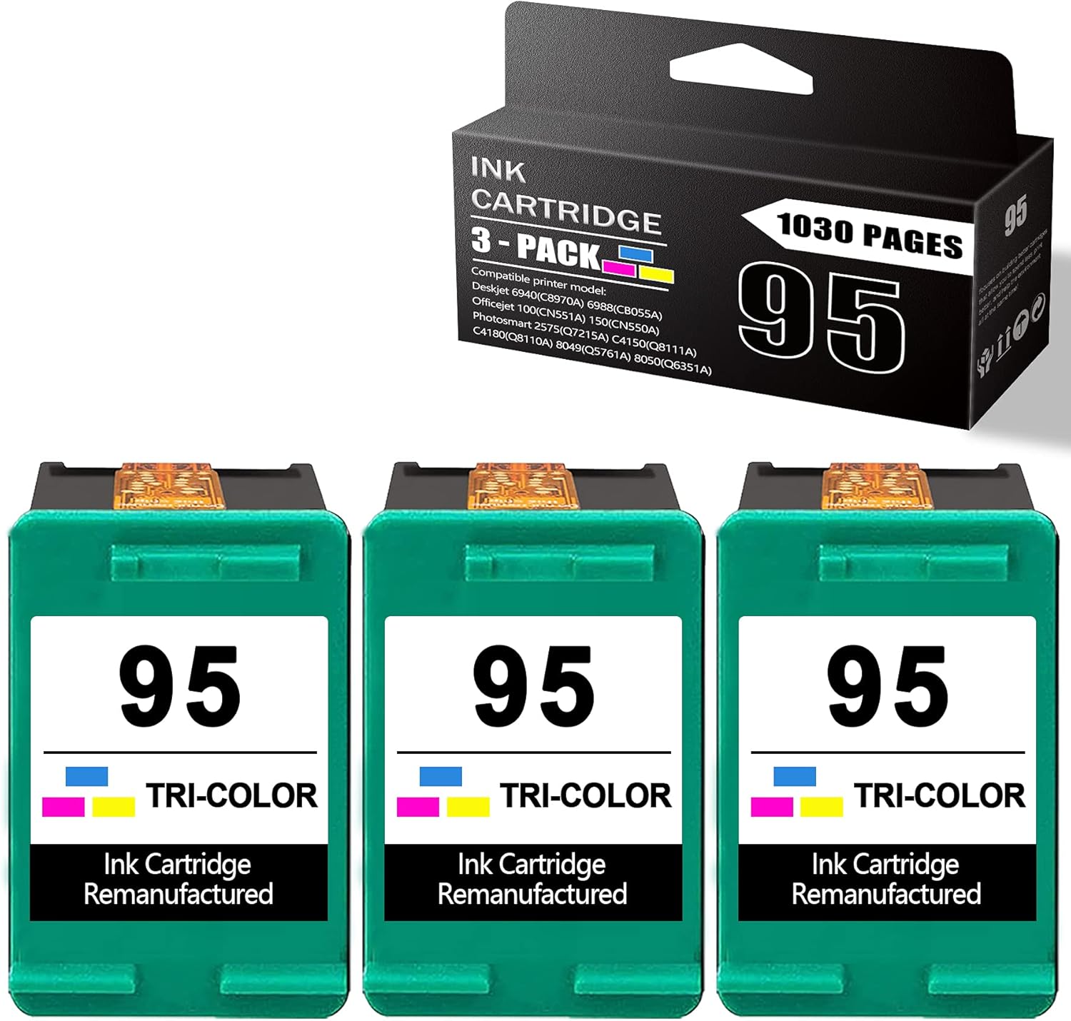 3 Pack Tri-Color Compatible Remanufactured 95 | C8766WN Ink Cartridge Replacement for HP Deskjet 6940 6958 Officejet 100 150 H470 Photosmart 2575 C4150 C4180 8049 8050 Printer Ink. Pack of 2