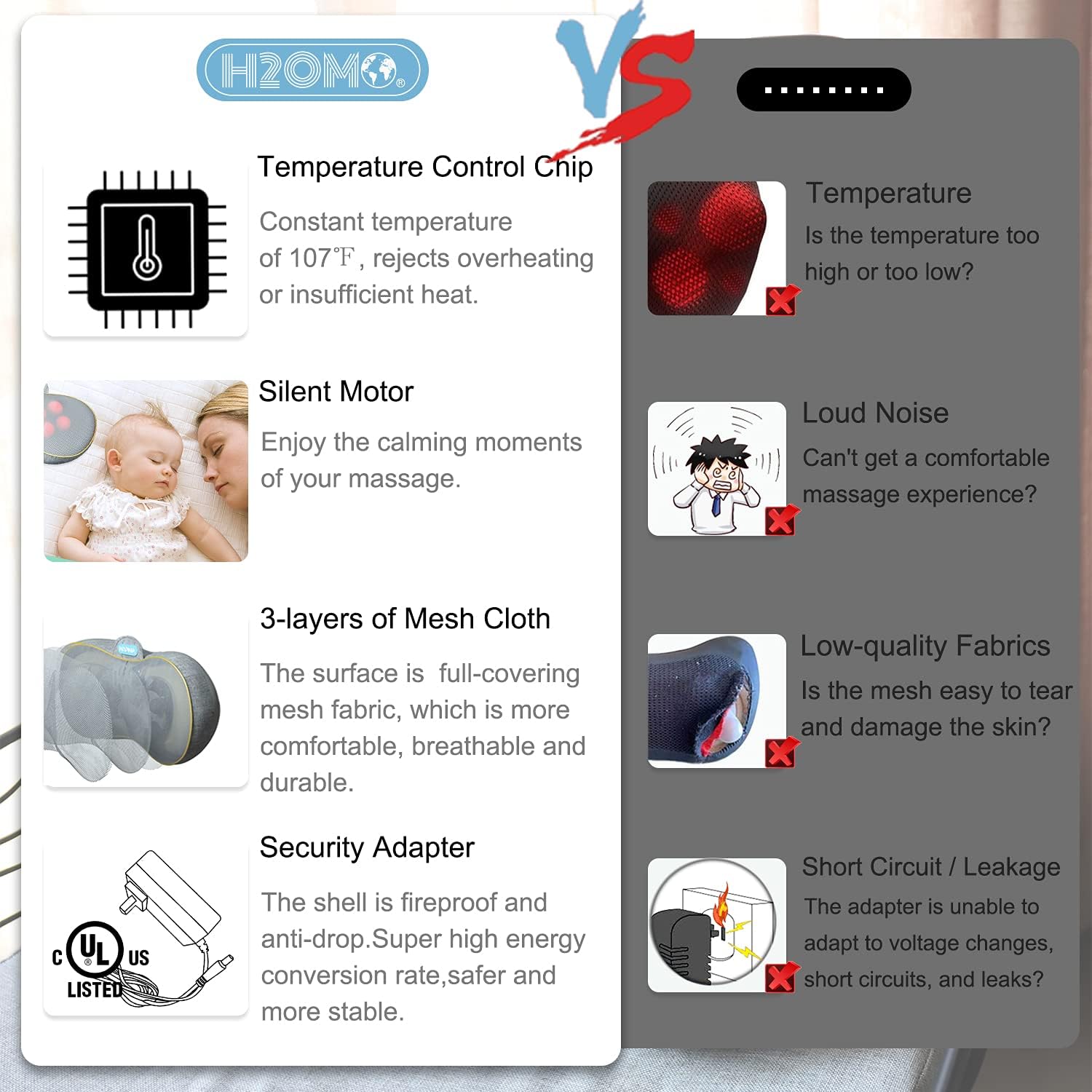 H2OMO Back Massager for Back Pain, Neck Massager with Thermostatic Control Chip, 3-Layer Full-Covering Mesh Shiatsu Neck & Back Massager with Heat, 8 Massage Nodes for Muscle Pain Relief