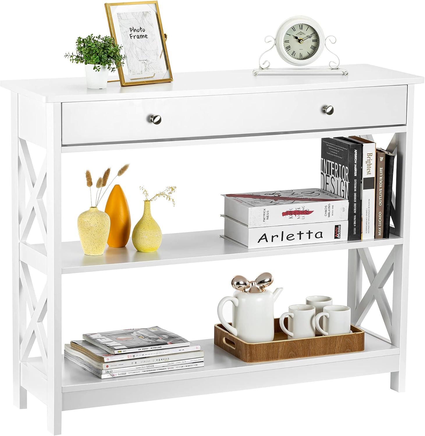 ZENODDLY Narrow Console Table with Drawers, Entryway Table with Storage, Entry Table Console Tables for Entryway Hallway Hall Living Room, 3 Tiers Classic X Design White Accent Table Sofa Tables