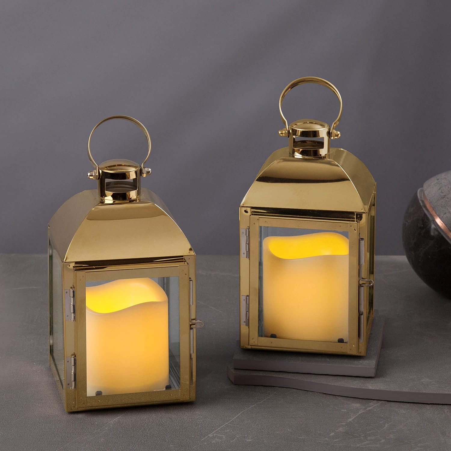 Gold Lanterns Decorative Set - 8 Inch, 2 Pack, LED Fairy Lights, Timer & Batteries Included, Metal and Glass, Wedding Centerpieces / Spring Home Decor