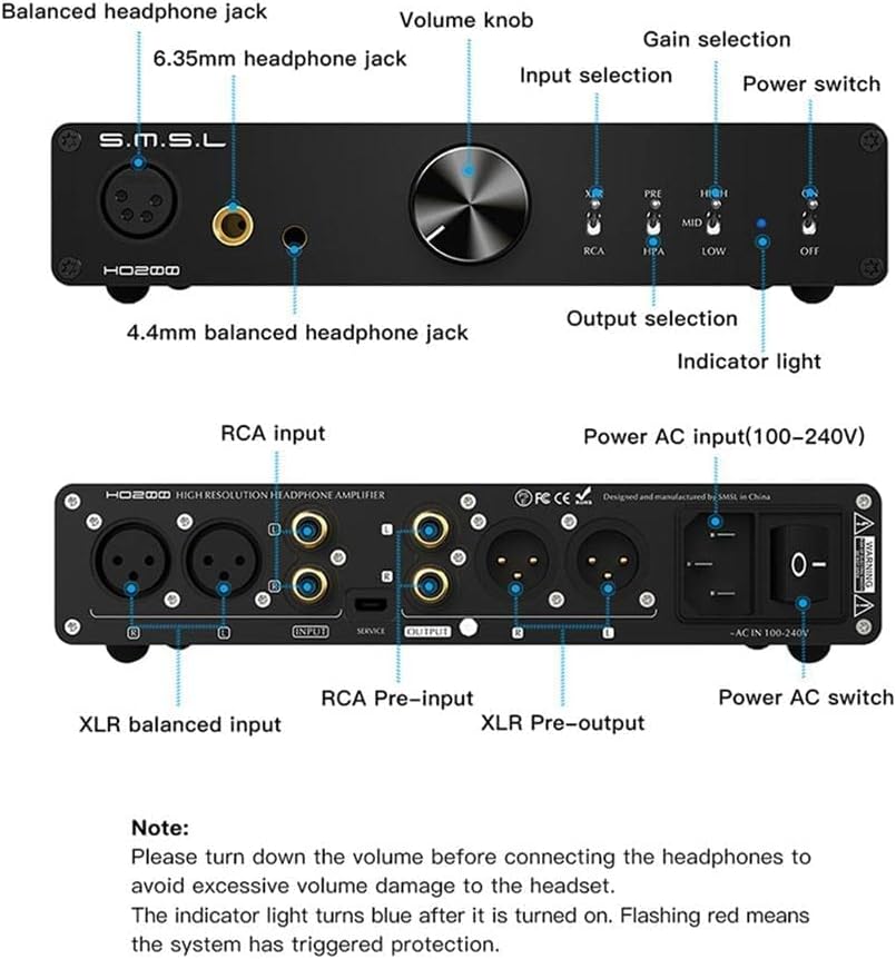 SMSL HO200 Hi-Res Balanced Headphone Amplifier Low Noise 4 x PLFC RCA/XLR Input 6.35mm 4.4mm XLR Balanced Output HiFi Preamp Headphone Amplifiers with High Mid Low Gain Control for DAC AO200