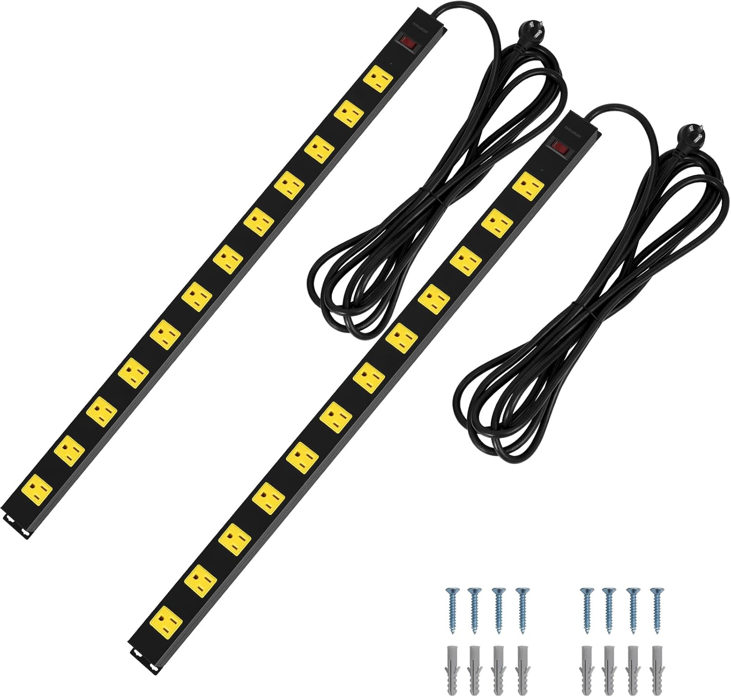 Suraielec 2-Pack 12 Outlet Long Metal Power Strip, 15 FT Cord Surge Protector, Angled Flat Plug, Wide Spaced Outlet Bar, 15A Breaker, Wall Mountable, Industrial Heavy Duty for Work Bench, Shop, Garage