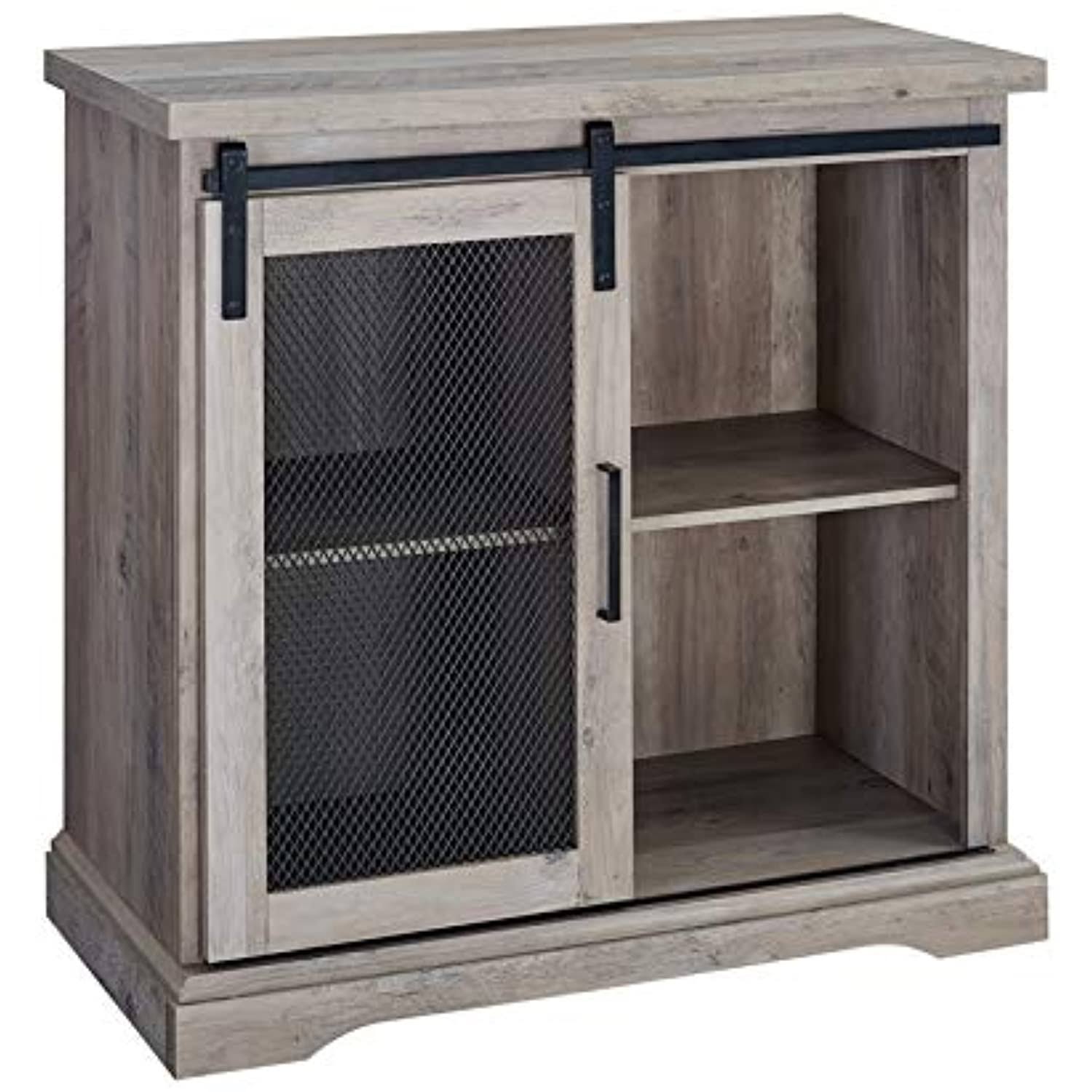 Pemberly Row 32x22 Farmhouse Mesh Door Wood Accent Chest in Gray Wash