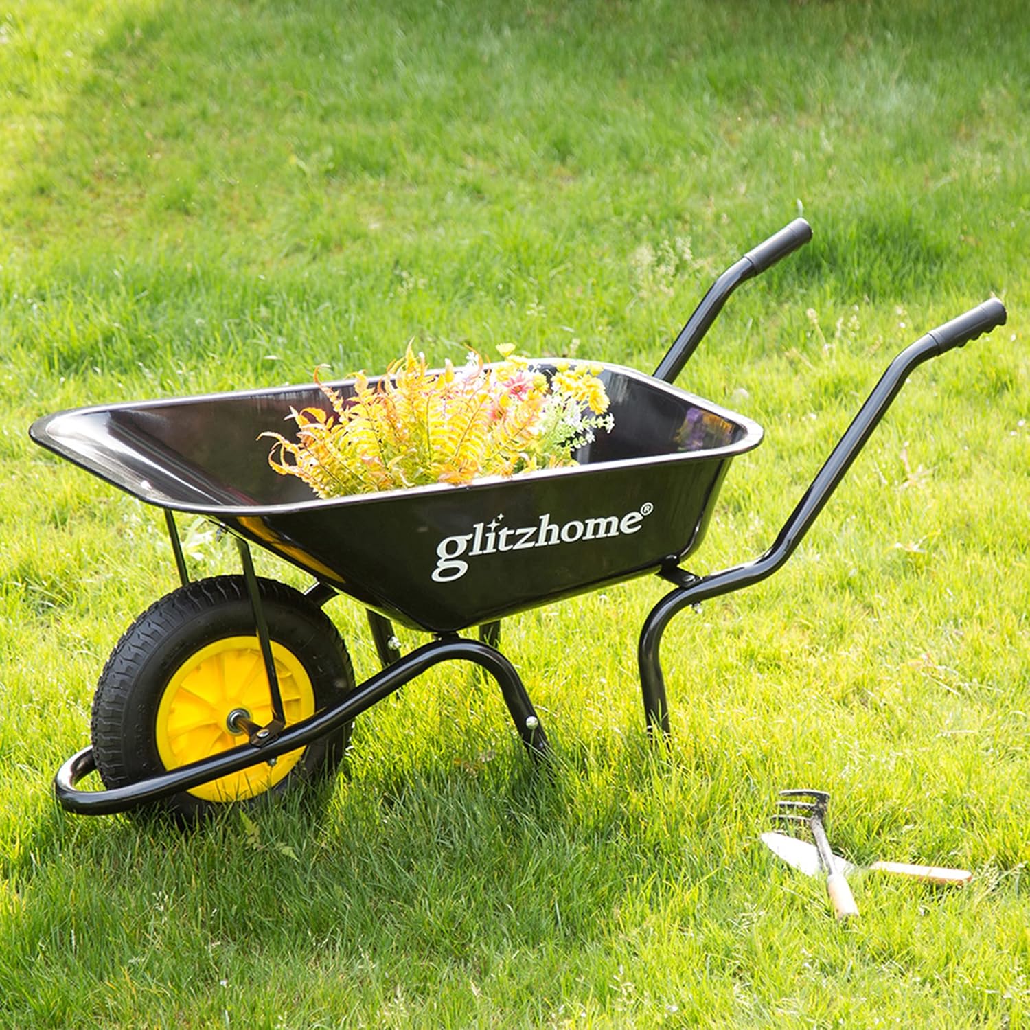 Glitzhome GH10017 Steel Framed Plastic Garden Wheelbarrow Utility Dump Cart, Black